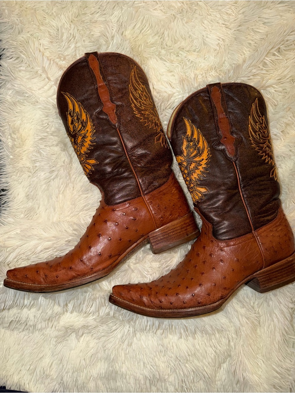 El General Genuine Ostrich Leather Cowboy Boots Men’s 10.5 Cognac Eagle Western